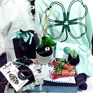 Shamrock stethoscope t-shirt in mint green, mint green wrap, lucky charms bars, green fortune cookie in pot of gold, lucky bamboo plant, planter and garden stakes, shamrock nail wraps, Deluxe nurse box
