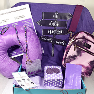 Off Cuty Nurse Adventure Awaits purple v-neck tshirt, inflatable purple travel pillow, leather braided circle dangle earrings in grape color, Kedzie travel bag, purple lanyard, personalized badge buddy for nurse, Deluxe nurse box