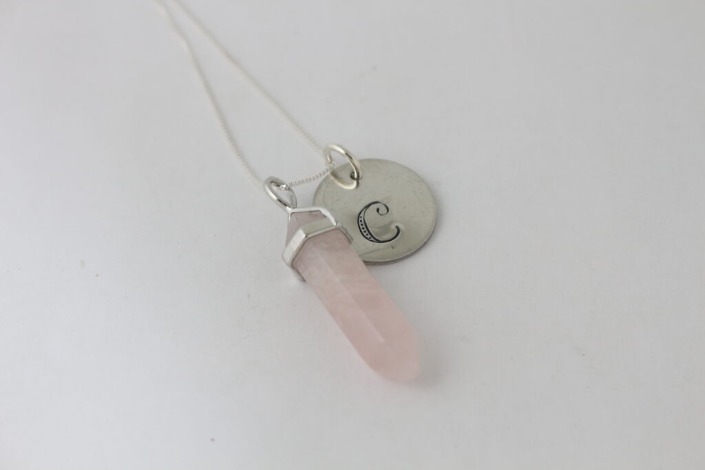 Rose quartz crystal necklace with personalized disc