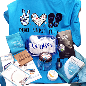 Blue nurse tshirt, pedicure items, personalized pedicure bag, nail polish, collagen socks, foot scrub, bangle bracelet, socks, nail polish remover, pedi in a box