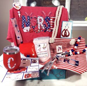 All American Nurse tee, personalized wine tumbler, red and white striped tote bag, wine slushy mix, firecracker badge reel, sparkler