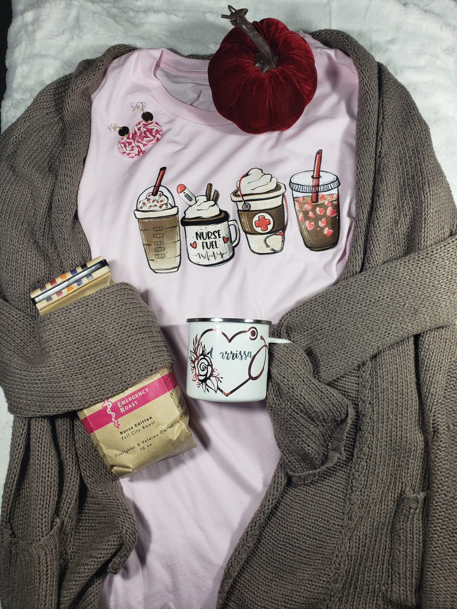 Taupe cardigan sweater, nurse fuel pale pink tee, bag of ER coffee, personalized coffee mug, earrings