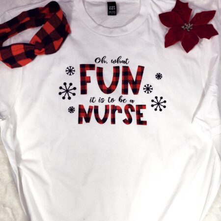 White tshirt with buffalo plaid red and black print that says Oh what fun it is to be a nurse with buffalo plaid headband
