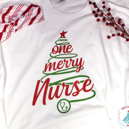 Nurse headband that is red and white striped and white tshirt with red and green graphic that says One Merry Nurse with a wavy tree that is a stethoscope