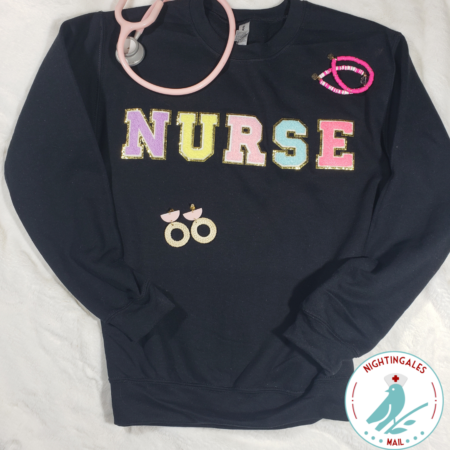 Black varsity nurse sweatshirt with pastel chenille letters that spell nurse