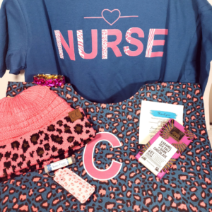 Blue tee with pink leopard Nurse text, ponytail winter hat, personalized blue and pink cheetah tote, chocolate bar, lip balm holder, winter lip balm