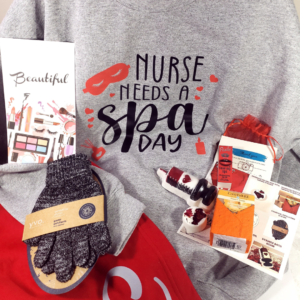 Nurse Needs a spa day sweatshirt, red personalized initial blanket, syringe bath bomb, seed paper peach soap, charcoal gloves