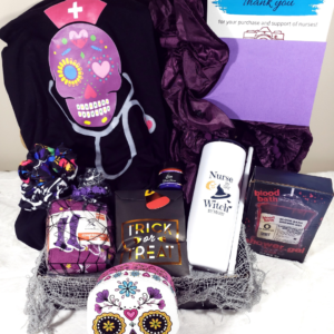 Black sugar skull with stethoscope nurse tee, witch tumbler, purple compression socks, purple scarf, IV blood soap