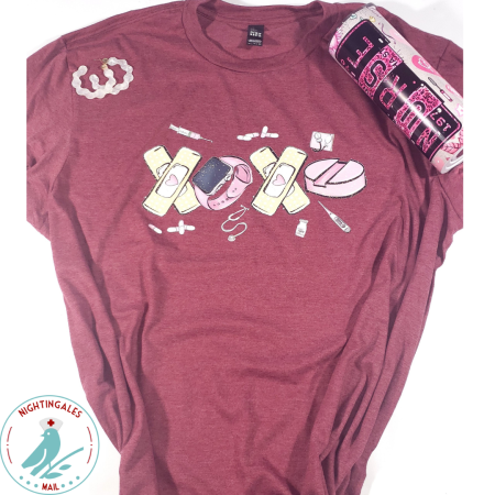 Heather dark pink tshirt for nurses which says XOXO using smart watches and bandaids to spell out XOXO