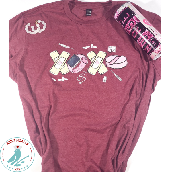 Heather dark pink tshirt for nurses which says XOXO using smart watches and bandaids to spell out XOXO